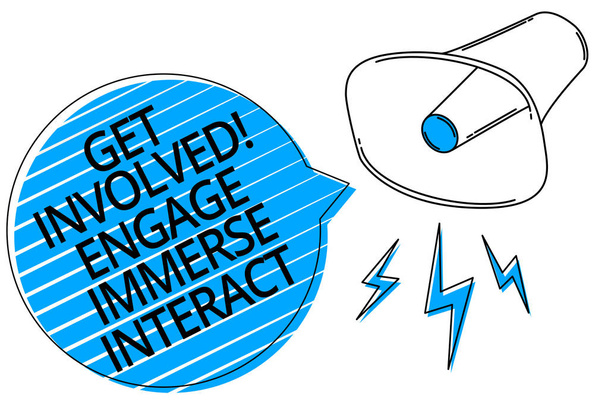 Word writing text Get Involved Engage Immerse Interact. Business concept for Join Connect Participate in the project Megaphone loudspeaker blue speech bubble stripes important loud message - Photo, Image