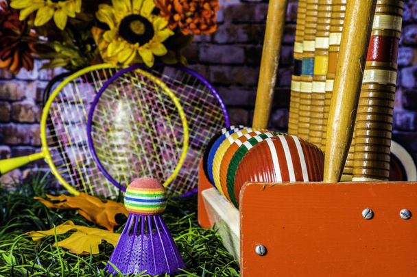 Stare drewniane Krokiet zestaw z kolorowych kulek paski na zielonej trawie z badmintonowych oparci wchodzą bukiet kwiatów z fioletowy wolant i jesiennych liści - Zdjęcie, obraz