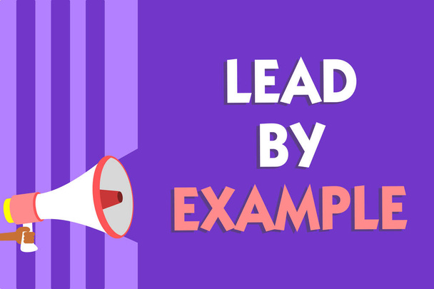 Conceptual hand writing showing Lead By Example. Business photo text Be a mentor leader follow the rules give examples Coach Megaphone loudspeaker purple stripes important message speaking - Photo, Image