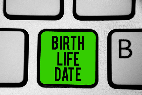 Word writing text Birth Life Date. Business concept for Day a baby is going to be born Maternity Pregnancy Give life Keyboard green key Intention create computer computing reflection document - Photo, Image