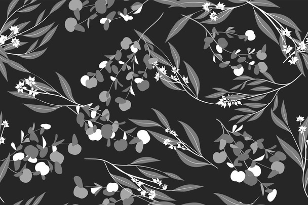Eucalyptus Vector. Monochrome Seamless Pattern with Vector Leaves, Branches and Floral Element. Elegant Background for Rustic Wedding Design, Fabric, Textile, Dress. Eucalyptus Vector in Vintage Style - Wektor, obraz