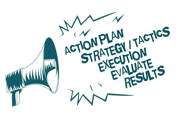Text sign showing Action Plan Strategy Tactics Execution Evaluate Results. Conceptual photo Management Feedback Gray megaphone loudspeaker important message screaming speaking loud - Photo, Image