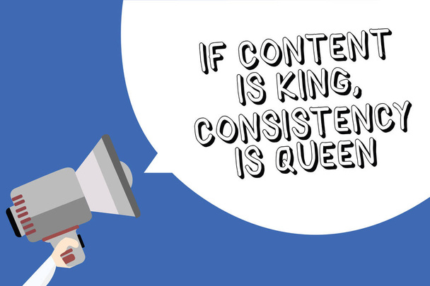 Handwriting text writing If Content Is King, Consistency Is Queen. Concept meaning Marketing strategies Persuasion Man holding megaphone loudspeaker speech bubble message blue background - Photo, Image