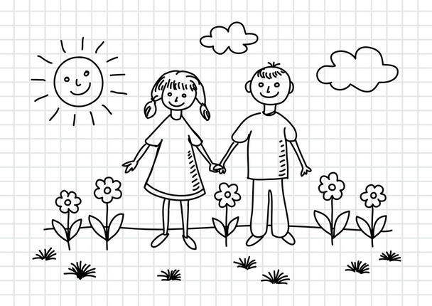 Drawing of children on squared paper - Vector, Image