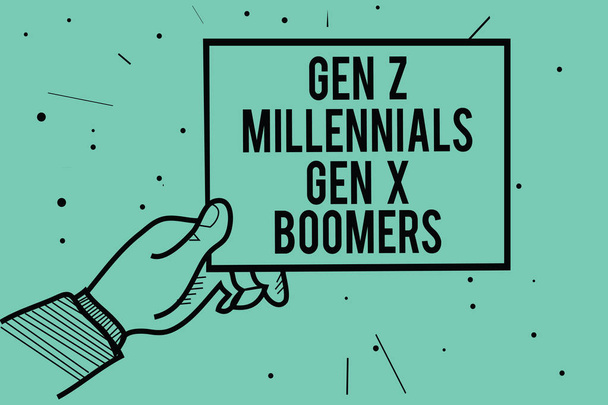 Szöveg jel mutatja a Gen Z Millennials Gen X boom. Fogalmi generációs különbségek öreg fiatal ember ember keze gazdaság fotópapír kommunikáció az információs pontok türkiz háttér - Fotó, kép