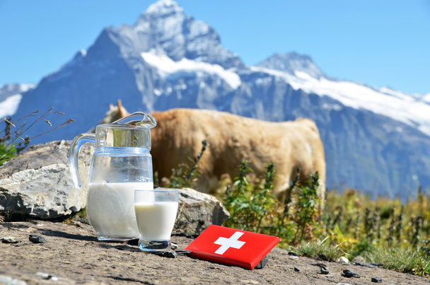 スイスのチョコレートと山のピークに対してミルクの水差し。switzerla - 写真・画像