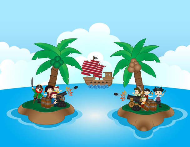 Two pirate groups are fighting in small island - Vector, Image