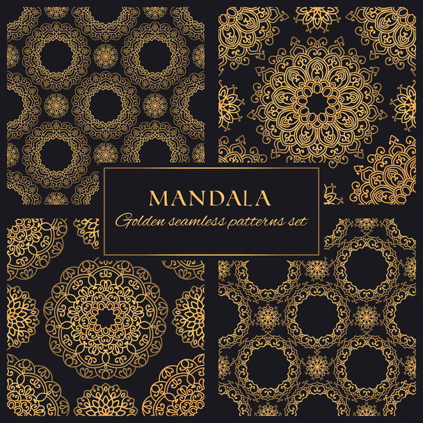 Mandala vector dorado patrones sin costura conjunto. Colección de texturas geométricas premium. Fondo negro y dorado adornado con elementos decorativos redondos
  - Vector, imagen
