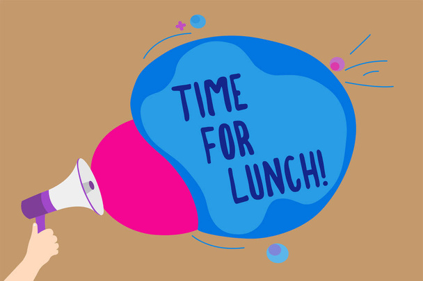 Χειρόγραφο κείμενο γράφοντας ώρα για μεσημεριανό. Έννοια έννοια στιγμή να έχουν ένα γεύμα διάλειμμα από τη δουλειά να χαλαρώσετε φαγητό ποτό υπόλοιπο άνθρωπος που κρατά τηλεβόα μεγάφωνο ουρλιάζοντας συννεφάκι ομιλίας πολύχρωμο ομιλίας - Φωτογραφία, εικόνα