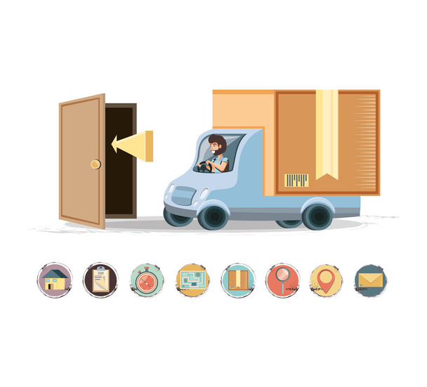 bezorging koeriersdienst in vrachtwagen pictogram vector ilustration - Vector, afbeelding