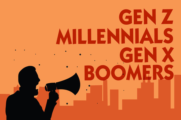 Kenraali Z Millennials Gen X Boomers. Käsitteellinen kuva Sukupolvien väliset erot Vanhat nuoret Mies, jolla on megafonia puhuva poliitikko lupauksia oranssi tausta
 - Valokuva, kuva
