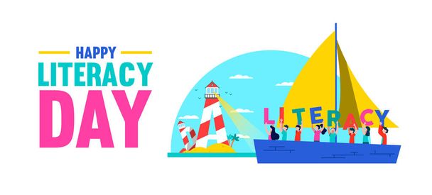 Literacy Day web banner illustration. Kids on boat receive guide from letter lighthouse light. Literate culture in children education as expression of new challenges for people, opportunity concept. - Vector, Image