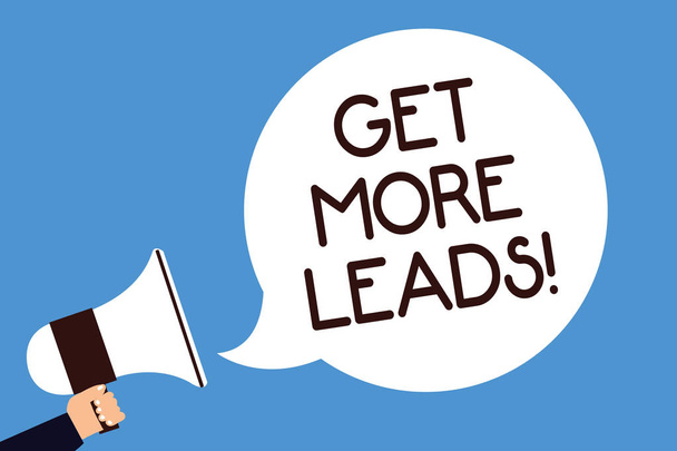 Writing note showing Get More Leads. Business photo showcasing Look for new clients customers followers Marketing strategy Man hold megaphone loudspeaker speech bubble screaming blue background - Photo, Image