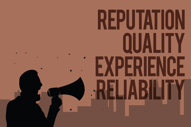 Conceptual hand writing showing Reputation Quality Experience Reliability. Business photo text Customer satisfaction Good Service Man holding megaphone politician making promises brown background - Photo, Image