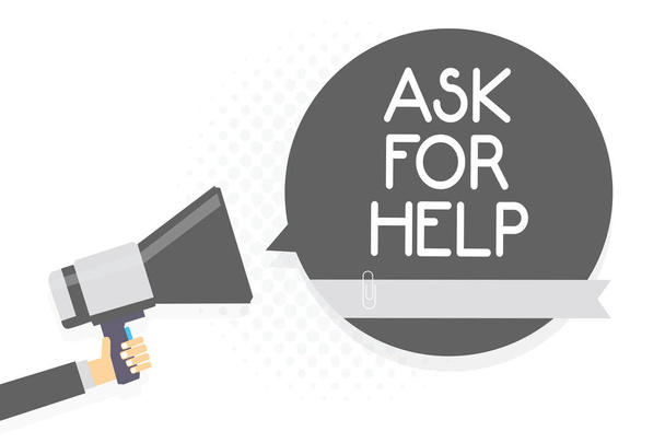 Λέξη σύνταξη κειμένου Ask για βοήθεια. Επιχειρηματική ιδέα για την αίτηση για την παροχή βοήθειας απαιτείται επαγγελματική συμβουλή άνθρωπος κρατώντας τηλεβόα μεγάφωνο ομιλίας γκρι φούσκα λευκό φόντο - Φωτογραφία, εικόνα