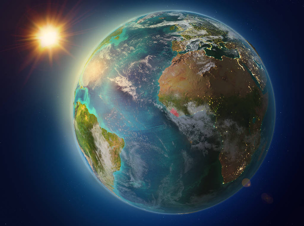 Puesta de sol sobre Liberia resaltada en rojo en el planeta Tierra con atmósfera y nubes. Ilustración 3D. Elementos de esta imagen proporcionados por la NASA
. - Foto, Imagen