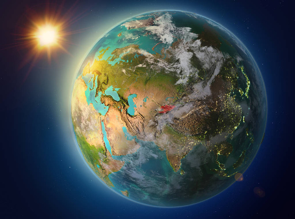 Pôr do sol acima do Quirguistão destacado em vermelho no planeta Terra com atmosfera e nuvens. Ilustração 3D. Elementos desta imagem fornecidos pela NASA
. - Foto, Imagem
