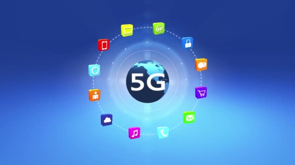 Símbolo 4k 5G, concepto, iconos de servicios en línea, redes sociales alrededor de la tierra giratoria
. - Imágenes, Vídeo