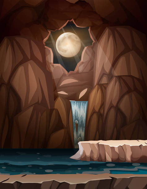 Una cueva de cascada por la noche ilustración
 - Vector, Imagen