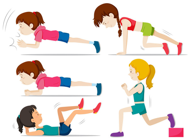 Набор девочек, занимающихся фитнес-упражнениями
 - Вектор,изображение