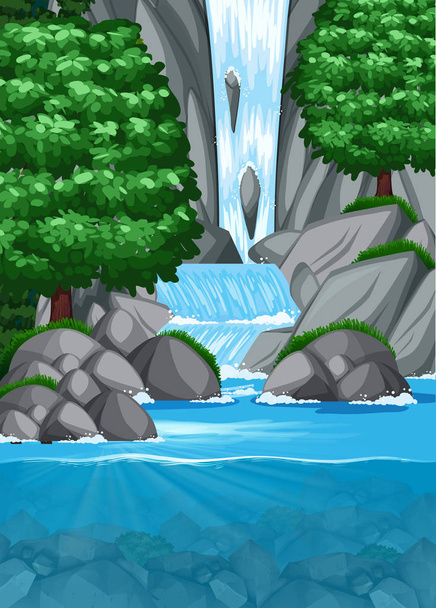 Wodospad w stawie sceny ilustracja - Wektor, obraz