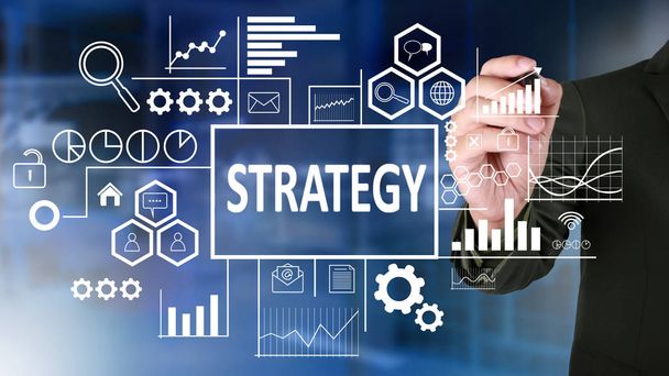 Business strategy concept. Businessman draw business strategy analytics scheme over blue background. Text typography design - Foto, imagen