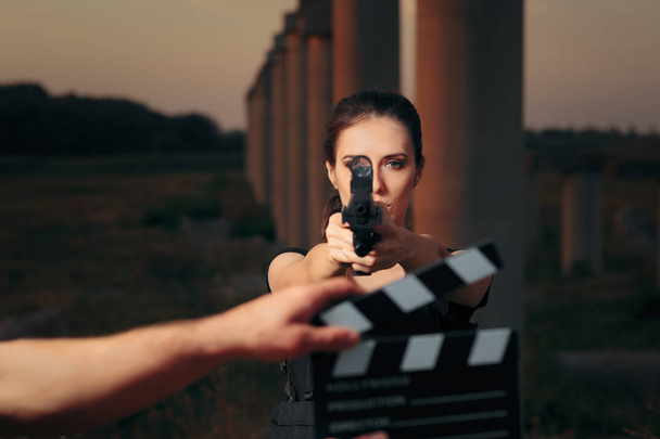 Action Female Superhero Actress Movie Star Shooting Scene  - Foto, immagini