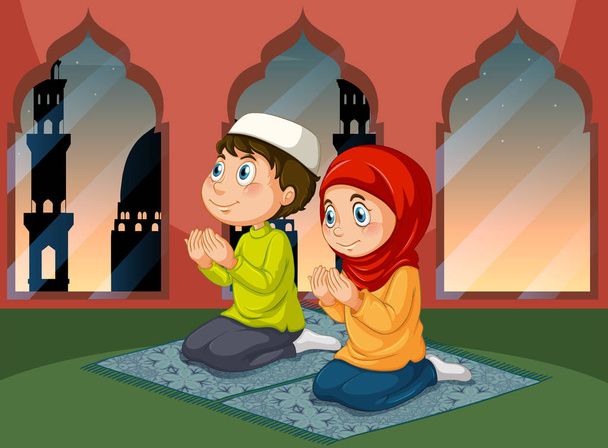 Muslim people praying at mosque illustration - Vector, Image
