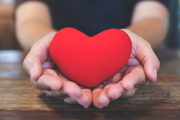 Closeup image of hands holding a red heart sign - Φωτογραφία, εικόνα