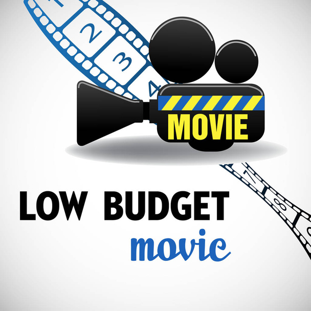 黒と青で書かれたテキストの低予算映画プロジェクターとカラフルなイラスト - ベクター画像