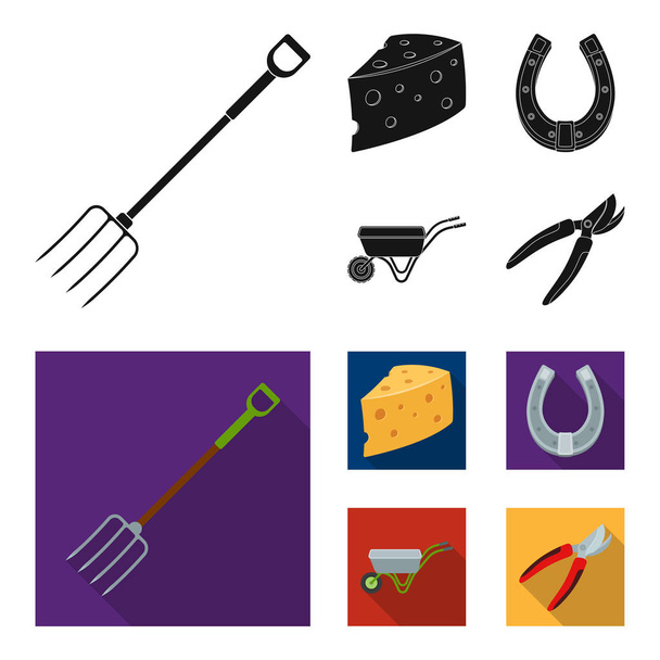 Sýr s otvory, vozík pro zemědělské práce, podkovy z kovu, nůžky pro řezání stromů, keřů. Zemědělské a zahradnické kolekce sady ikon v černém, plochý stylu vektor symbol akcie - Vektor, obrázek