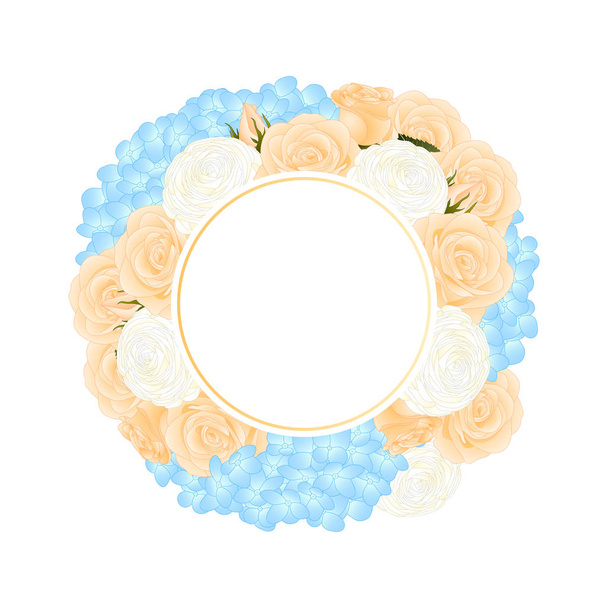 Orange Rose, Blue Hydrangea et White Ranunculus Banner Wreath. isolé sur fond blanc. Illustration vectorielle
. - Vecteur, image