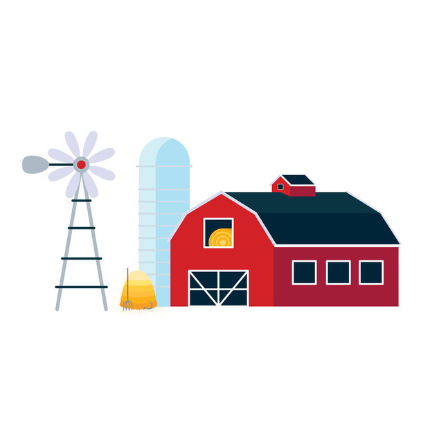 Красный дом амбар с силосом, ветряной мельницей и кучей векторной иллюстрации сена плоского стиля изолированы на белом фоне. Сельскохозяйственные и сельскохозяйственные ландшафтные элементы для ваших нужд
 - Вектор,изображение