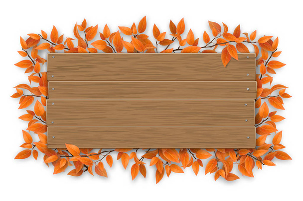 empty wooden sign with red autumn tree branch - Vektör, Görsel