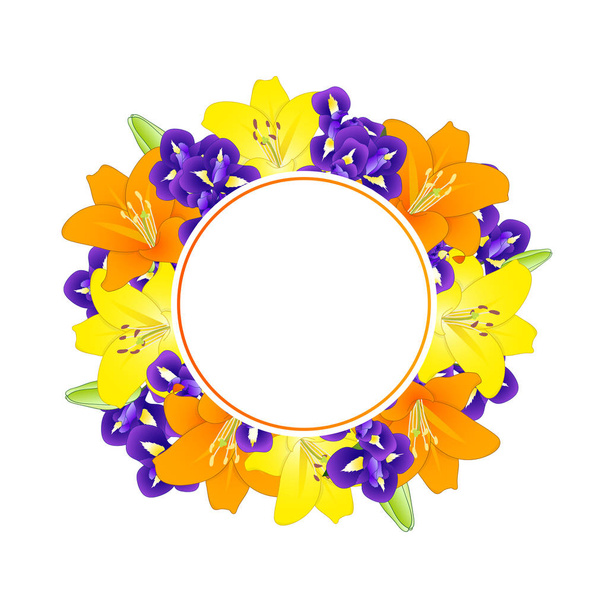 gelbe, orangefarbene Lilie und blauer Irisblumenkranz auf weißem Hintergrund. Vektorillustration. - Vektor, Bild