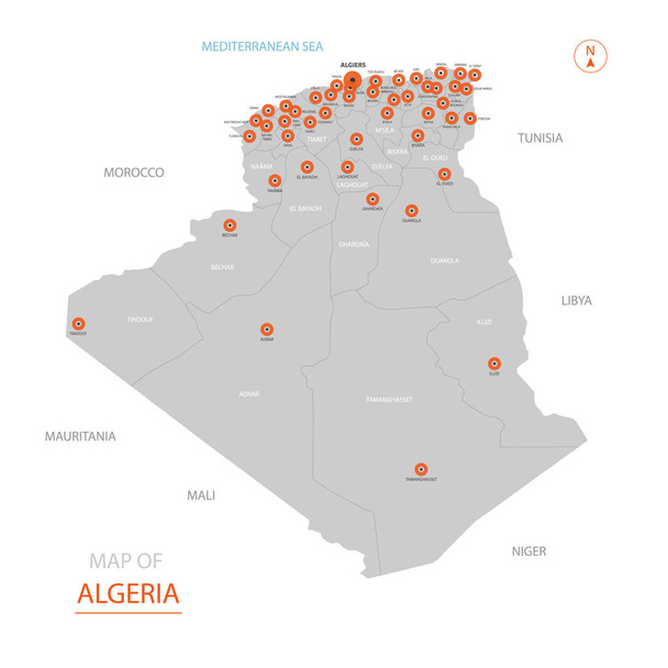 Στυλιζαρισμένη διάνυσμα Αλγερία χάρτη δείχνει μεγάλες πόλεις, πρωτεύουσα Αλγέρι, διοικητική διαίρεση. - Διάνυσμα, εικόνα