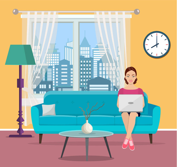 young woman using laptop at living room. - Vector, Image