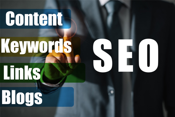 cropped view of professional seo manager in suit touching SEO ideas - Φωτογραφία, εικόνα