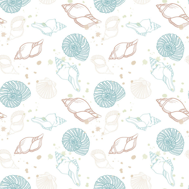 Seashell seamless pattern hand drawn art line ocean marine. Vector illustration in sketch vintage style. Great for card,  package, wedding prints, decor.  - ベクター画像