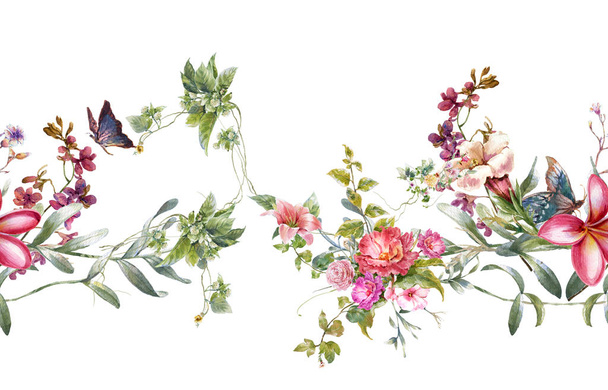 Akwarela malowanie liści i kwiatów, bezszwowy wzór na białym tle - Zdjęcie, obraz