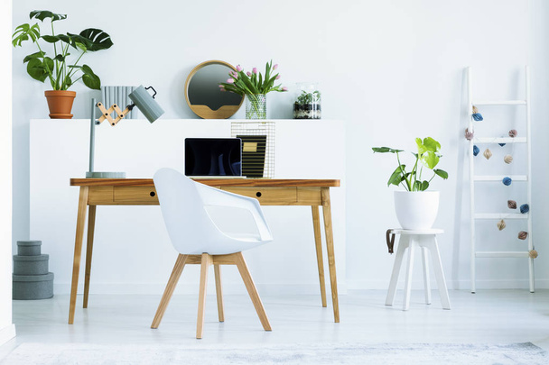 Real photo of wooden home office desk with metal lamp and empty laptop standing in white living room interior with fresh plants and decor - Foto, afbeelding