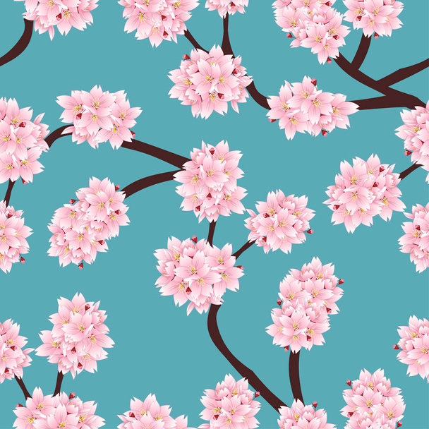 prunus serrulata outline - Kirschblüte, Sakura auf blauem Hintergrund. Vektorillustration. - Vektor, Bild