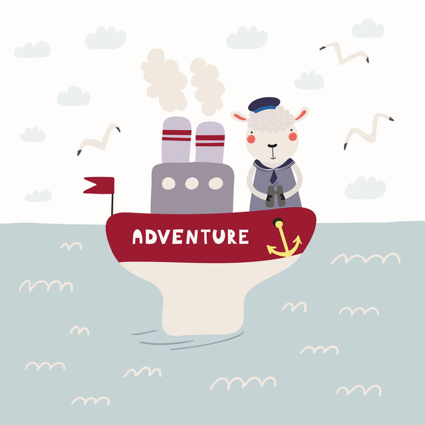 handgezeichnete Vektorillustration eines netten lustigen Schafsseglers auf einem Dampfboot mit Möwen. flaches Design im skandinavischen Stil. Konzept für Kinder. - Vektor, Bild