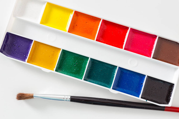 close up of watercolor paints with brush  - Φωτογραφία, εικόνα