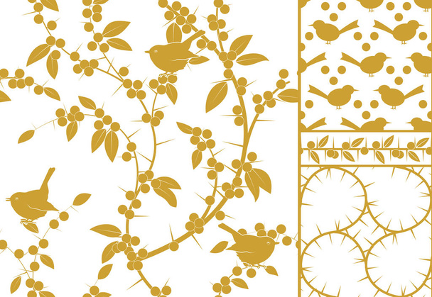 Sloe and birds, a set of three golden seamless patterns and border. Vector stock illustration. - Vektör, Görsel