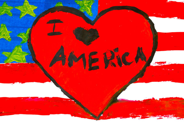 дитячі креслення прапор з написом я люблю Америка. - Фото, зображення