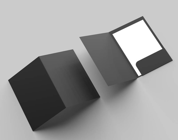 A4 размер одного кармана усиленные черные папки макет изолированы на сером фоне. 3D иллюстрация
 - Фото, изображение