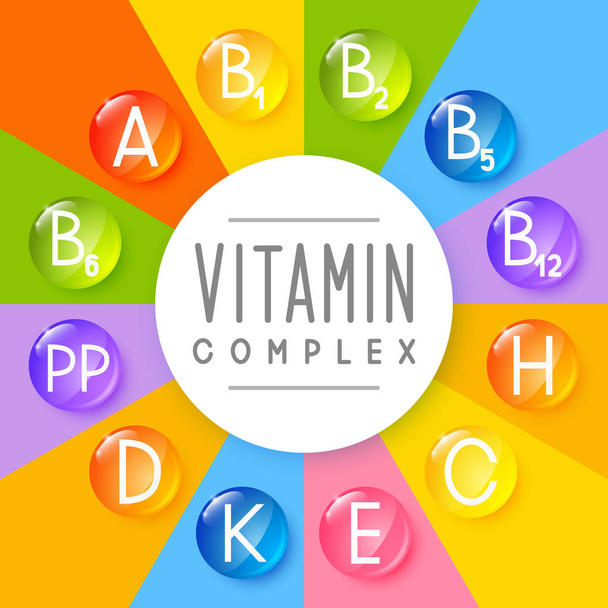 Βιταμίνη σύνθετο πλαίσιο σε φωτεινά χρώματα - Διάνυσμα, εικόνα