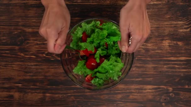女性の手のボウルに野菜をブレンド - 映像、動画
