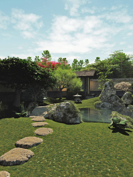 Tradycyjny ogród japoński z herbaciarnią i oczku wodnym, 3d cyfrowo wytopione ilustracja - Zdjęcie, obraz